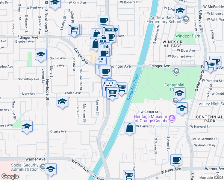 map of restaurants, bars, coffee shops, grocery stores, and more near 16440 Harbor Boulevard in Fountain Valley