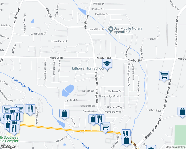 map of restaurants, bars, coffee shops, grocery stores, and more near 6301 Marbut Farms Trail in Lithonia