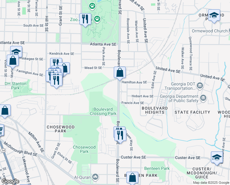map of restaurants, bars, coffee shops, grocery stores, and more near 557 Schuyler Street Southeast in Atlanta