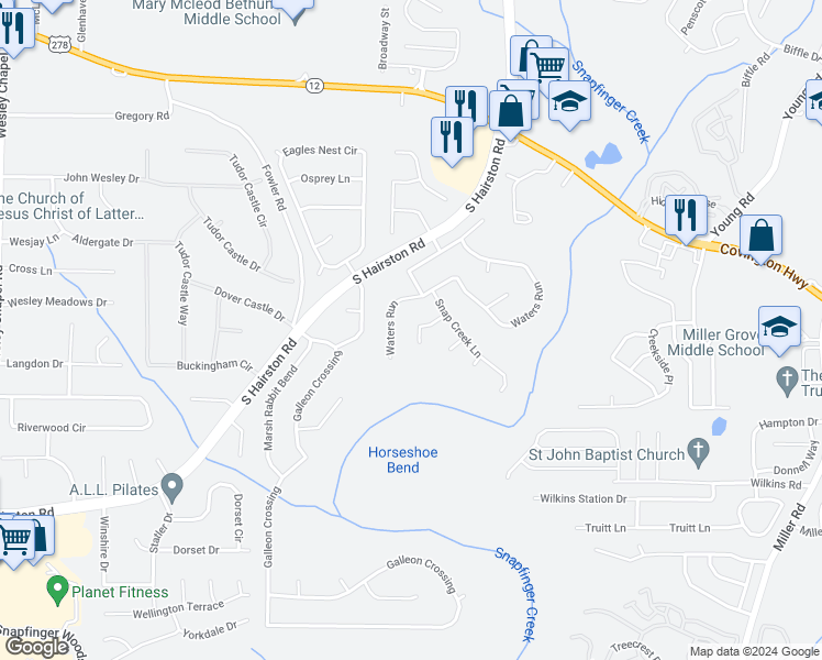 map of restaurants, bars, coffee shops, grocery stores, and more near 2344 Bankside Circle in Decatur