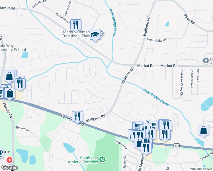 map of restaurants, bars, coffee shops, grocery stores, and more near 5806 Cedar Croft Lane in Lithonia
