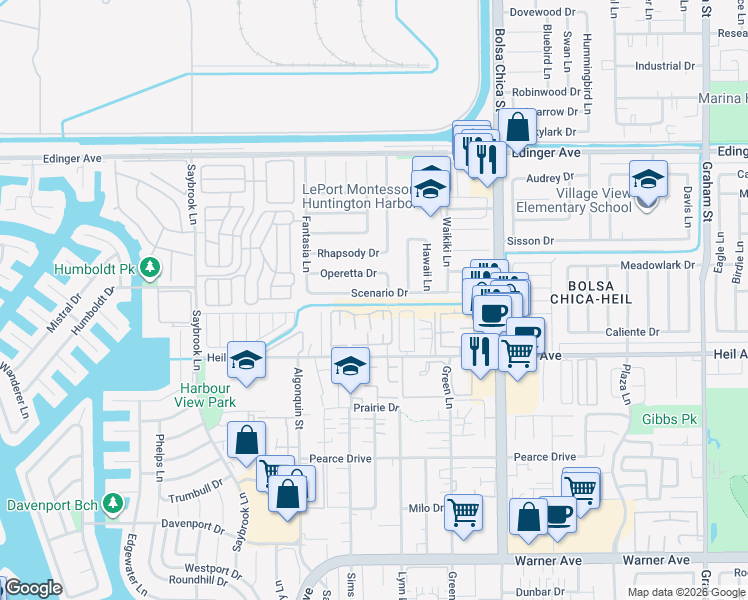 map of restaurants, bars, coffee shops, grocery stores, and more near 4672 Scenario Drive in Huntington Beach