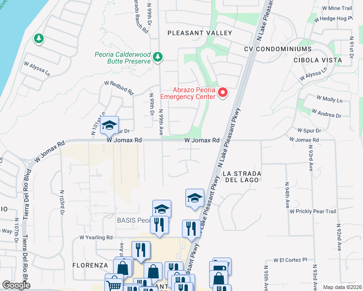 map of restaurants, bars, coffee shops, grocery stores, and more near 9808 West Tether Trail in Peoria