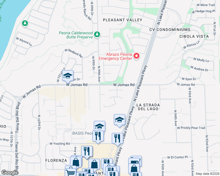 map of restaurants, bars, coffee shops, grocery stores, and more near 9808 West Tether Trail in Peoria