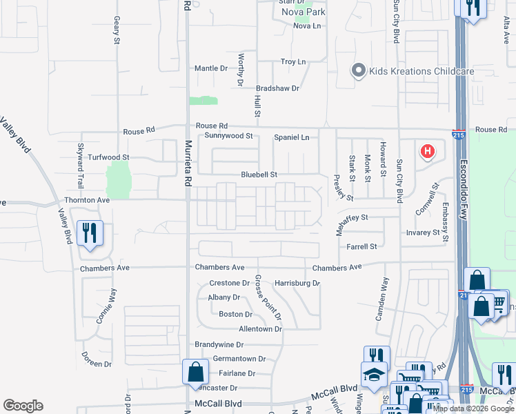 map of restaurants, bars, coffee shops, grocery stores, and more near 27250 Murrieta Road in Menifee
