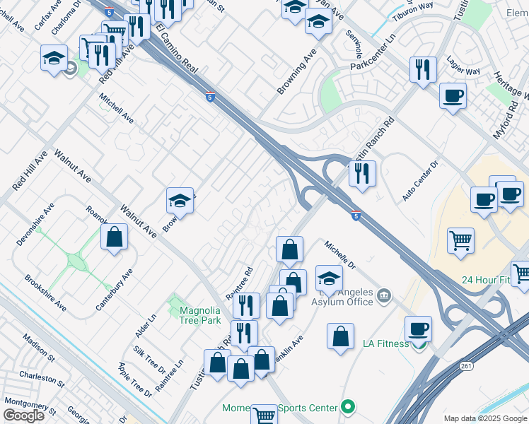 map of restaurants, bars, coffee shops, grocery stores, and more near 2234 Beechnut Road in Tustin