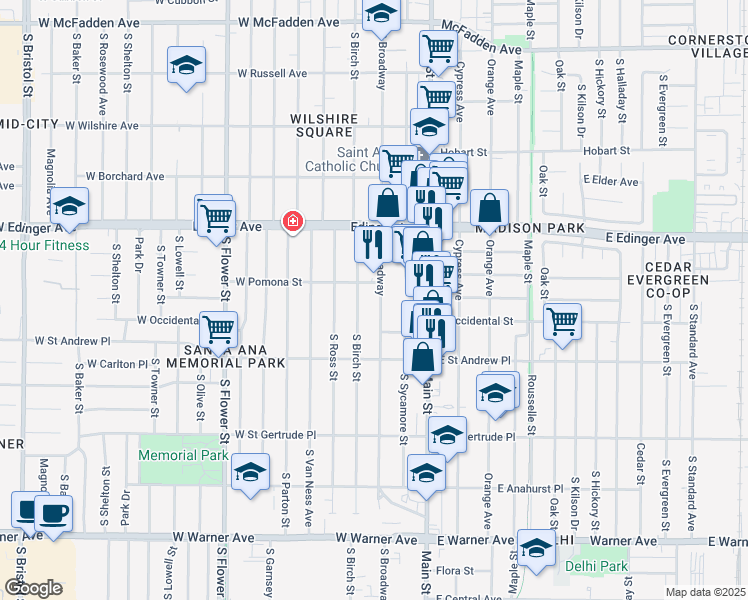 map of restaurants, bars, coffee shops, grocery stores, and more near 1800 South Broadway in Santa Ana