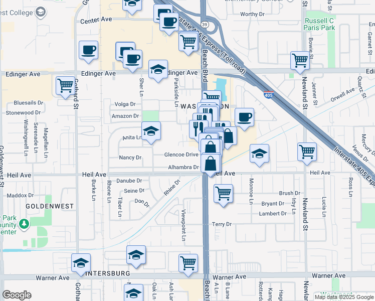 map of restaurants, bars, coffee shops, grocery stores, and more near 16371 Beach Boulevard in Huntington Beach