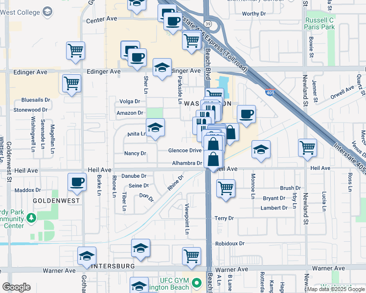 map of restaurants, bars, coffee shops, grocery stores, and more near 7871 Glencoe Drive in Huntington Beach