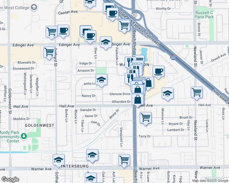 map of restaurants, bars, coffee shops, grocery stores, and more near 7871 Glencoe Drive in Huntington Beach