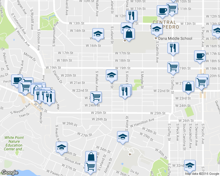 map of restaurants, bars, coffee shops, grocery stores, and more near 1134 West 22nd Street in Los Angeles