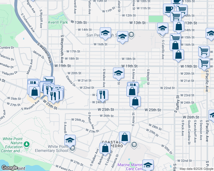 map of restaurants, bars, coffee shops, grocery stores, and more near 2141 South Walker Avenue in Los Angeles