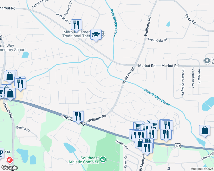 map of restaurants, bars, coffee shops, grocery stores, and more near 5806 Cedar Croft Lane in Lithonia