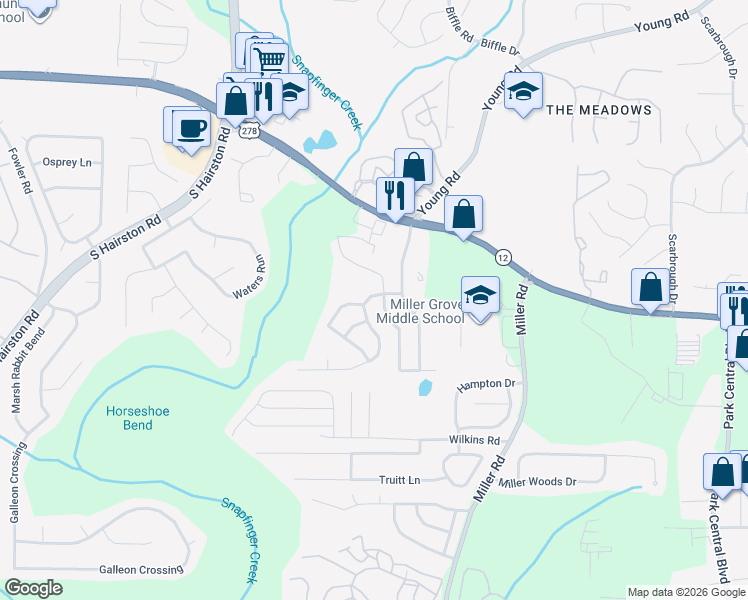 map of restaurants, bars, coffee shops, grocery stores, and more near 2198 Creekview Trail in Decatur