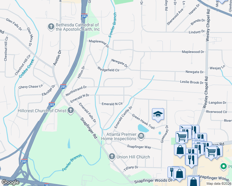 map of restaurants, bars, coffee shops, grocery stores, and more near 3996 Emerald North Drive in Decatur
