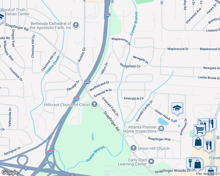 map of restaurants, bars, coffee shops, grocery stores, and more near 3900 Emerald North Drive in Decatur