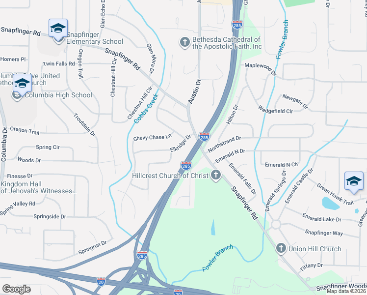 map of restaurants, bars, coffee shops, grocery stores, and more near 3763 Elkridge Drive in Decatur