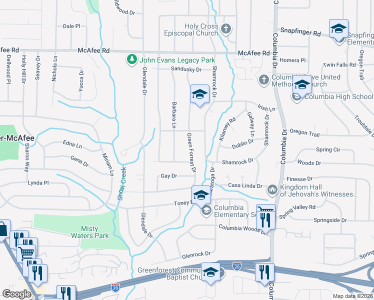 map of restaurants, bars, coffee shops, grocery stores, and more near 2217 Green Forrest Drive in Decatur
