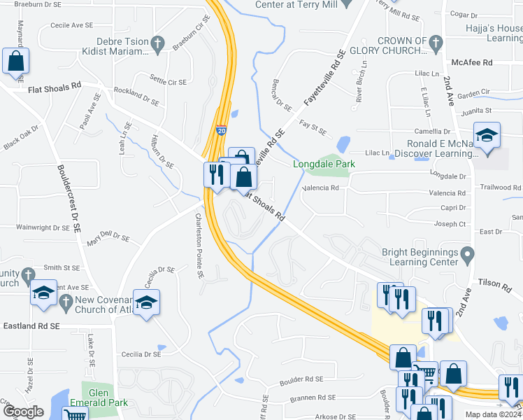 map of restaurants, bars, coffee shops, grocery stores, and more near 2051 Flat Shoals Road Southeast in Atlanta