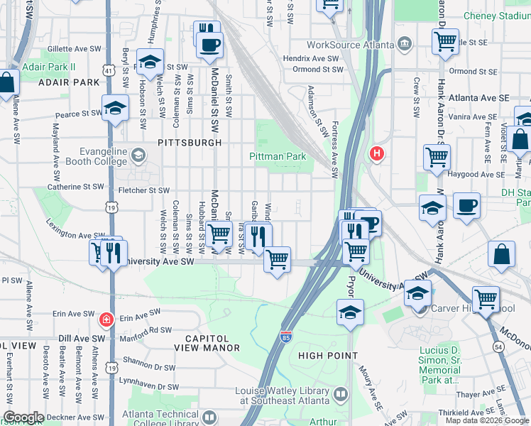 map of restaurants, bars, coffee shops, grocery stores, and more near 1114 Garibaldi Street Southwest in Atlanta