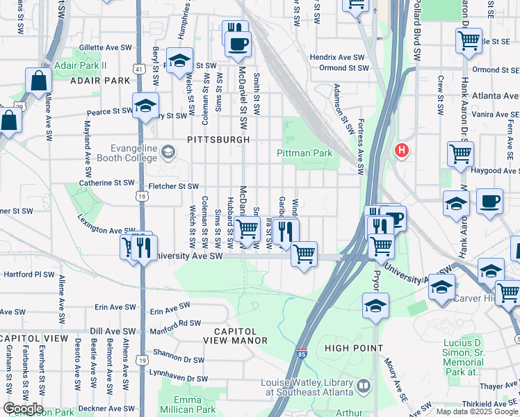 map of restaurants, bars, coffee shops, grocery stores, and more near 1116 Smith Street Southwest in Atlanta