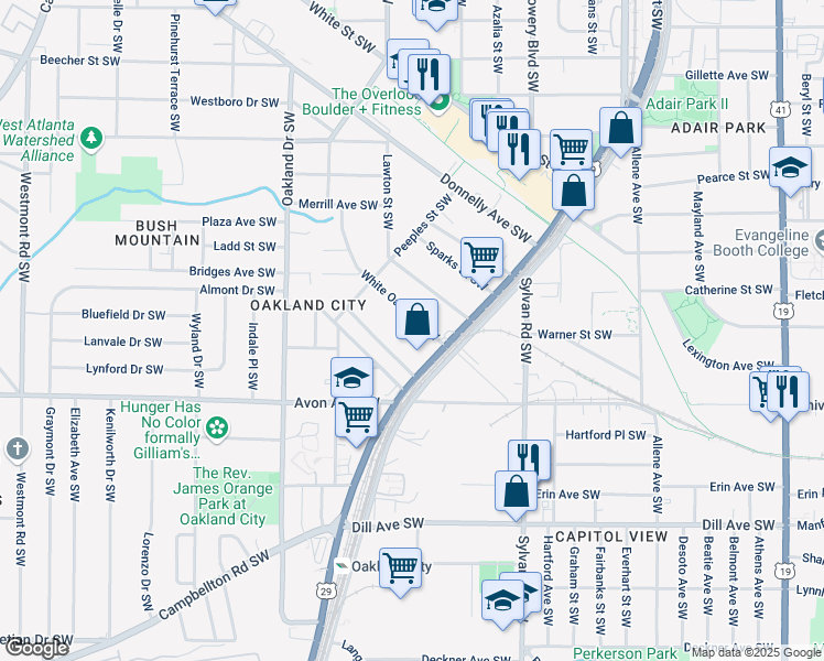 map of restaurants, bars, coffee shops, grocery stores, and more near 1091 Tucker Avenue Southwest in Atlanta