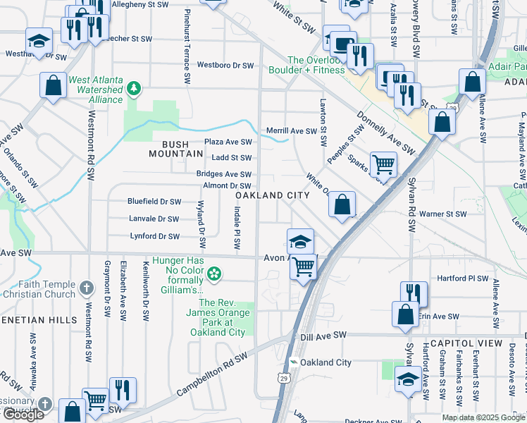 map of restaurants, bars, coffee shops, grocery stores, and more near 1121 Oakland Drive Southwest in Atlanta