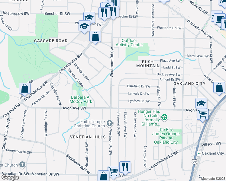 map of restaurants, bars, coffee shops, grocery stores, and more near 1123 Westmont Road Southwest in Atlanta