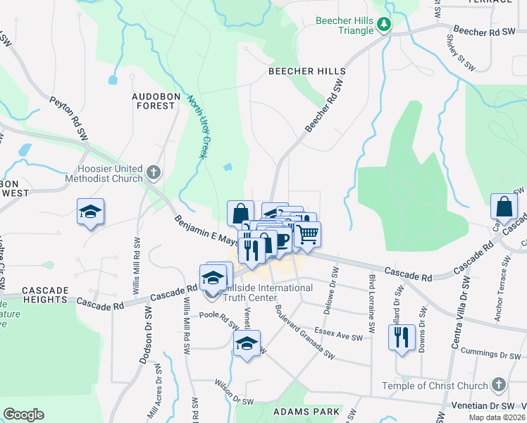 map of restaurants, bars, coffee shops, grocery stores, and more near 2360 Ashmel Court in Atlanta
