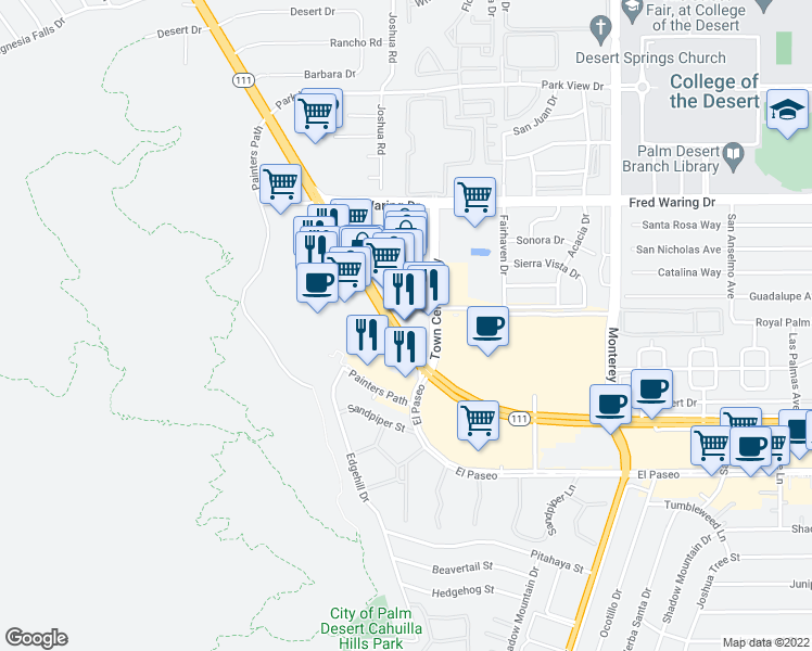 map of restaurants, bars, coffee shops, grocery stores, and more near 44489 Town Center Way in Palm Desert
