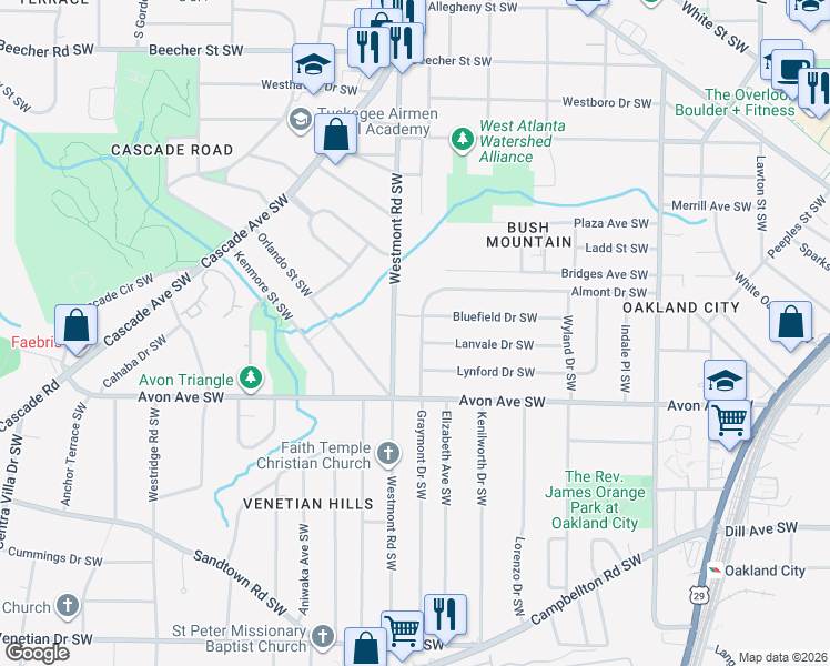 map of restaurants, bars, coffee shops, grocery stores, and more near 1123 Graymont Drive Southwest in Atlanta