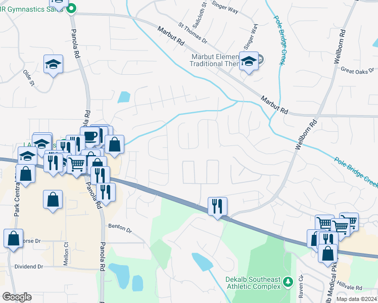 map of restaurants, bars, coffee shops, grocery stores, and more near 5461 Wellborn Creek Drive in Lithonia