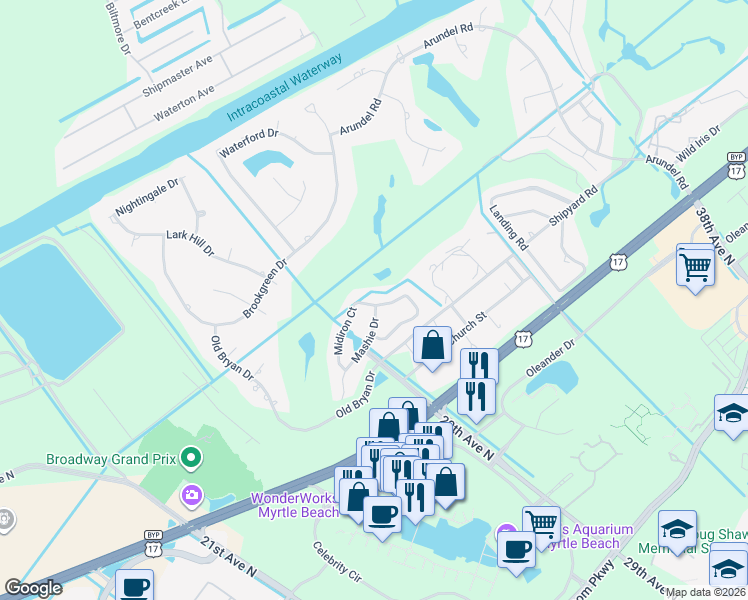 map of restaurants, bars, coffee shops, grocery stores, and more near 2946 Midiron Court in Myrtle Beach