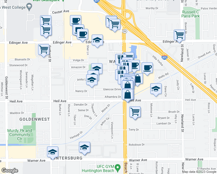 map of restaurants, bars, coffee shops, grocery stores, and more near 7851 Glencoe Drive in Huntington Beach