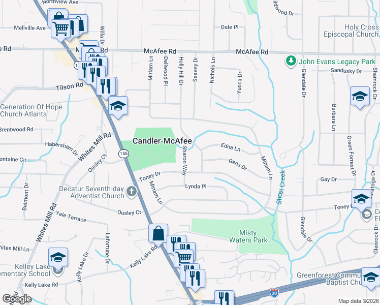 map of restaurants, bars, coffee shops, grocery stores, and more near 2216 Sharon Way in Decatur
