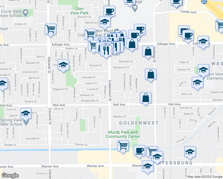 map of restaurants, bars, coffee shops, grocery stores, and more near 7001 Valentine Drive in Huntington Beach