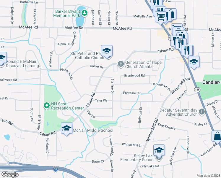 map of restaurants, bars, coffee shops, grocery stores, and more near 2229 Starline Drive in Decatur