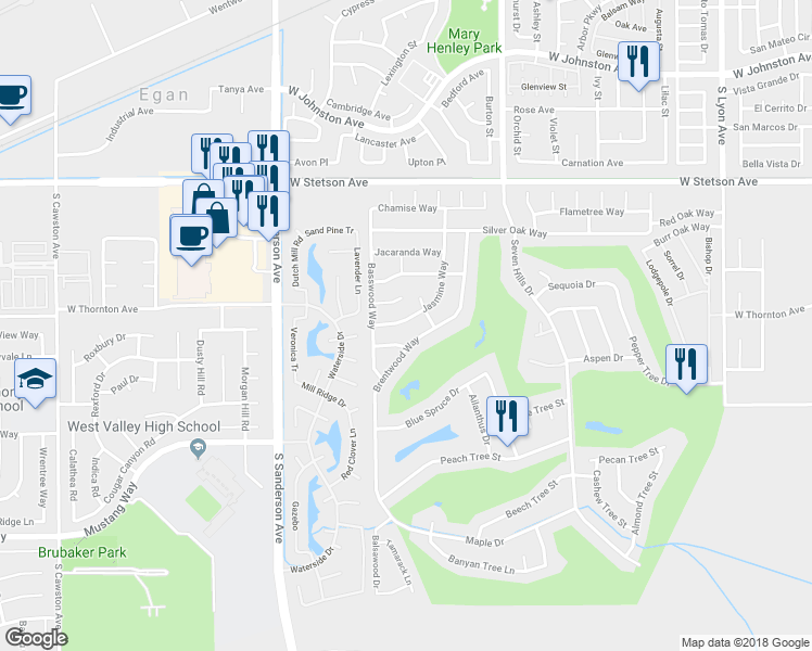 map of restaurants, bars, coffee shops, grocery stores, and more near 1360 Jasmine Way in Hemet