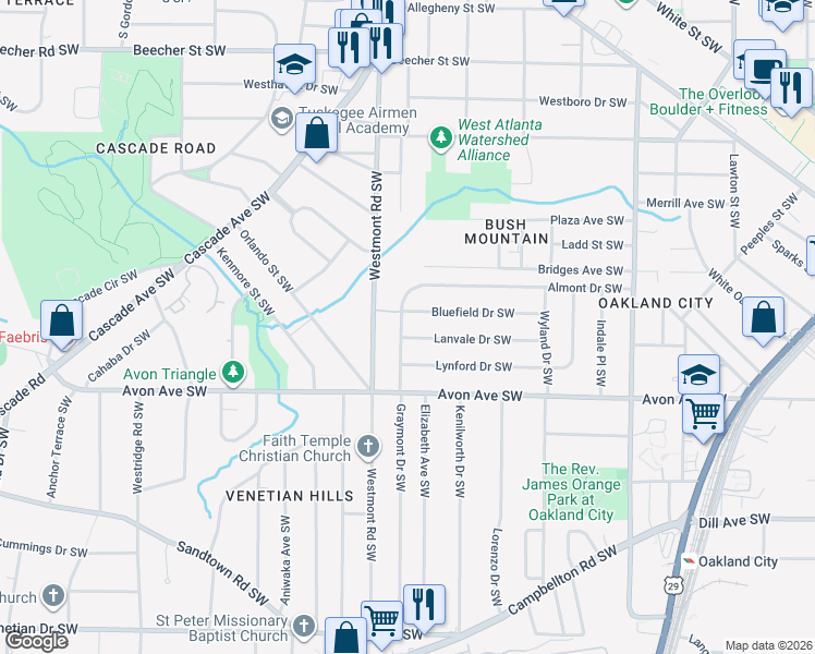 map of restaurants, bars, coffee shops, grocery stores, and more near 1123 Graymont Drive Southwest in Atlanta