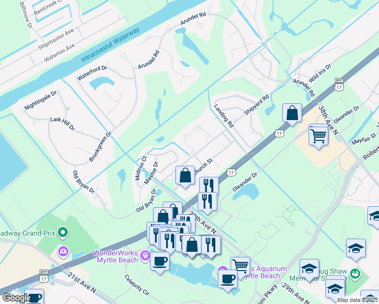map of restaurants, bars, coffee shops, grocery stores, and more near 12-8 Shorewood Drive in Myrtle Beach