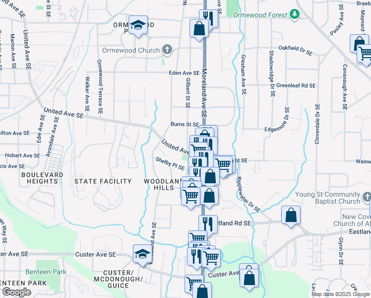 map of restaurants, bars, coffee shops, grocery stores, and more near 1126 United Avenue Southeast in Atlanta