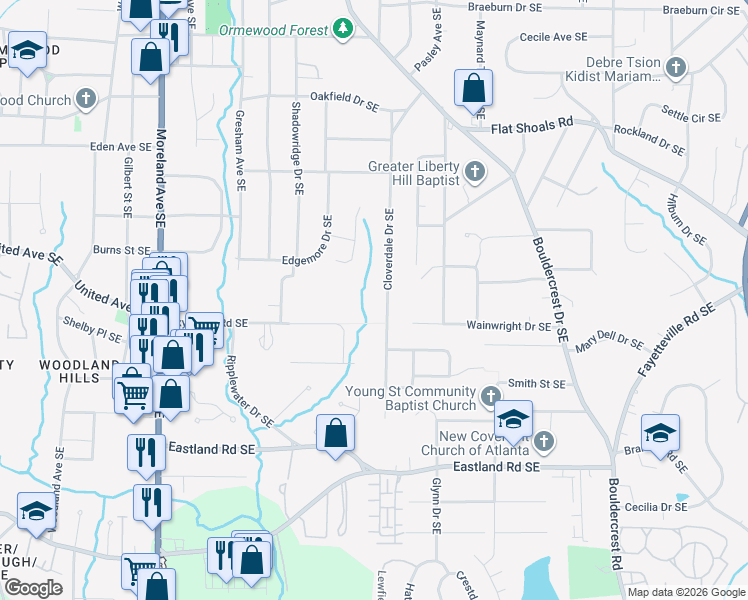 map of restaurants, bars, coffee shops, grocery stores, and more near 2261 Cloverdale Drive Southeast in Atlanta