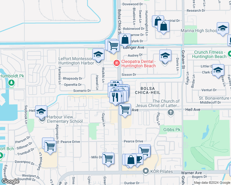 map of restaurants, bars, coffee shops, grocery stores, and more near 4952 Scenario Drive in Huntington Beach