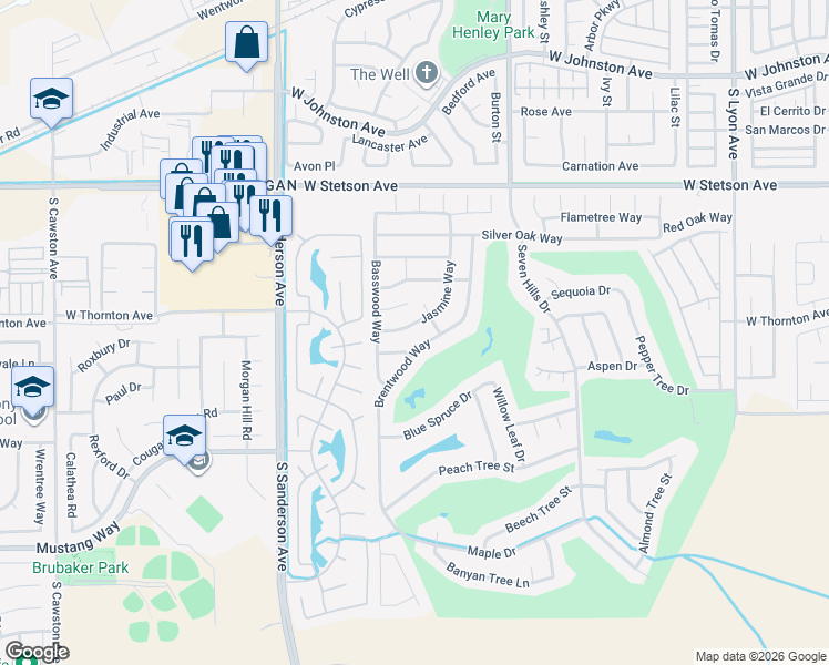 map of restaurants, bars, coffee shops, grocery stores, and more near 1360 Jasmine Way in Hemet
