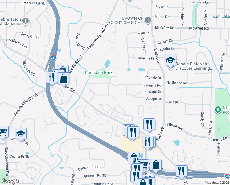 map of restaurants, bars, coffee shops, grocery stores, and more near 1651 Valencia Road in Decatur