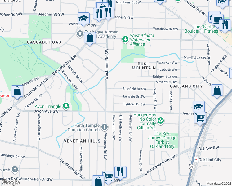 map of restaurants, bars, coffee shops, grocery stores, and more near 1130 Graymont Drive Southwest in Atlanta