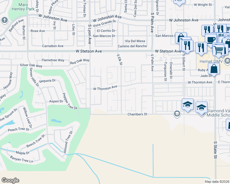 map of restaurants, bars, coffee shops, grocery stores, and more near 1342 Anthem Place in Hemet
