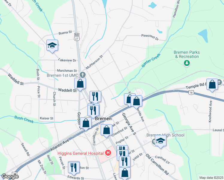 map of restaurants, bars, coffee shops, grocery stores, and more near 235 North Georgia Avenue in Bremen