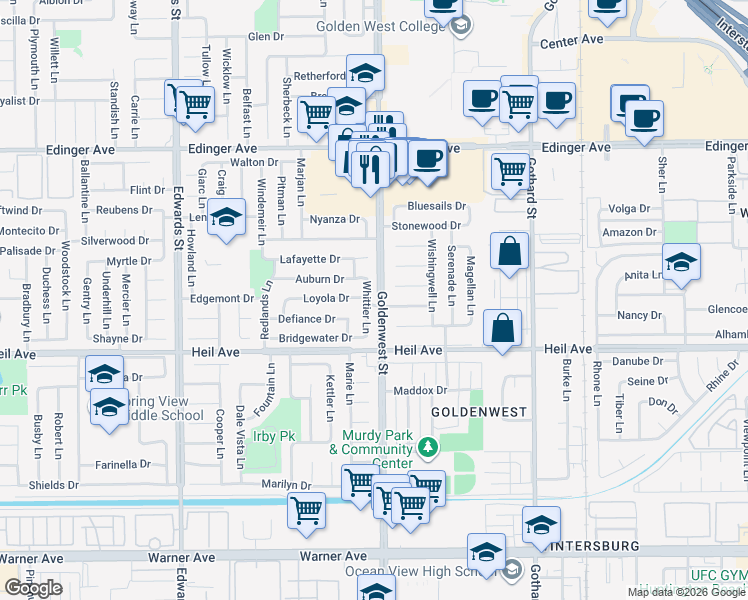 map of restaurants, bars, coffee shops, grocery stores, and more near 16362 Whittier Lane in Huntington Beach