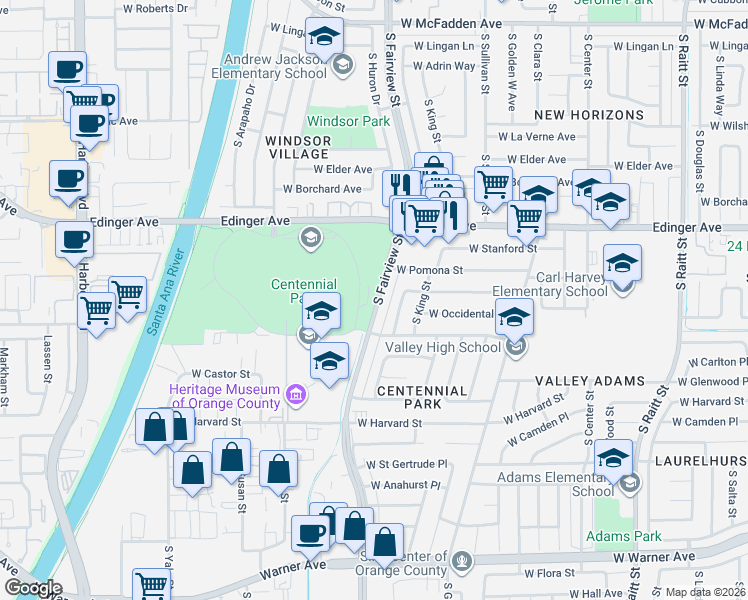 map of restaurants, bars, coffee shops, grocery stores, and more near 2610 West Edinger Avenue in Santa Ana